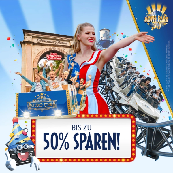 Movie Park Germany Vorteil mit bis zu 50 Prozent Ersparnis Movie Park Germany Aktion mit Freizeitpark-Attraktionen und Hinweis auf bis zu 50 Prozent Ersparnis – Vorteilsangebot für Freizeitparkbesuche