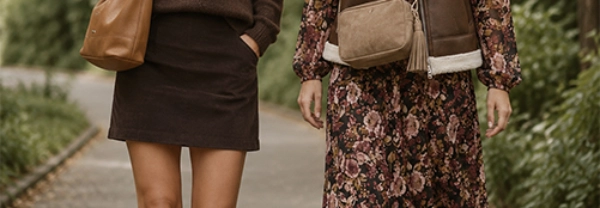 Zwei Frauen spazieren in stilvollen Herbst-Outfits durch einen Park mit Strick, Kleid, Weste und Stiefeletten.
