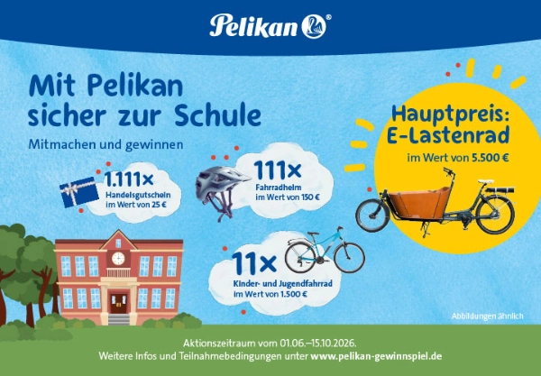 Pelikan Gewinnspiel Pelikan Gewinnspiel mit Schulmotiven und Preisen wie E-Lastenrad, Fahrrädern, Fahrradhelmen und Einkaufsgutscheinen