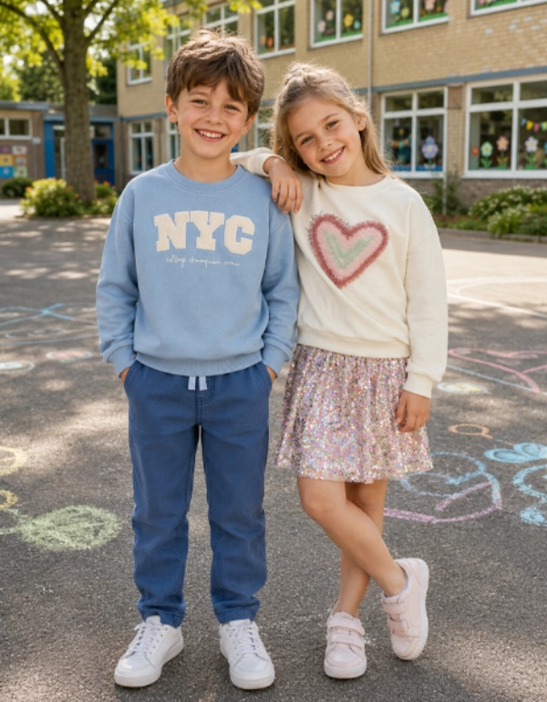 Ein Junge und ein Mädchen stehen lächelnd auf dem Schulhof und tragen bequeme Freizeitkleidung für den Schulalltag.