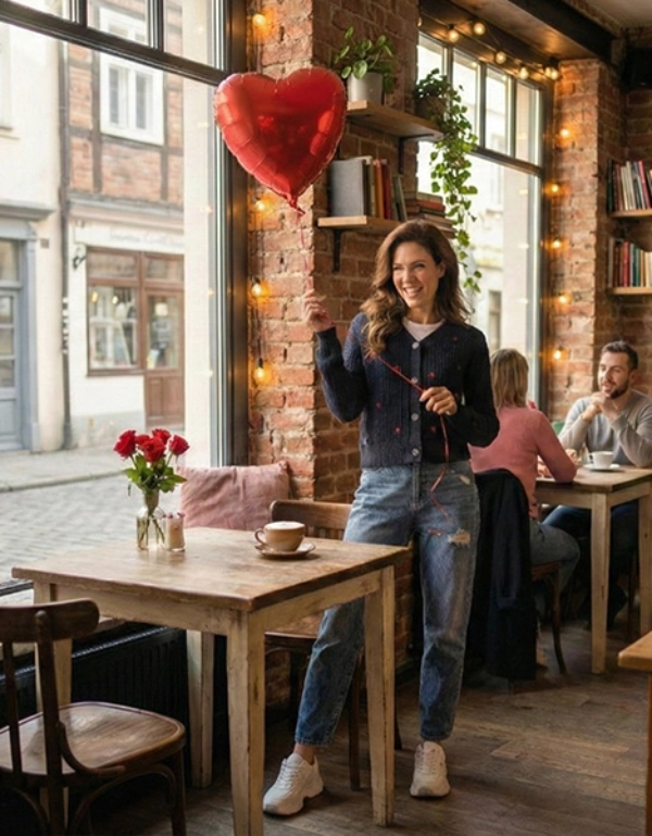 Person hält einen roten herzförmigen Ballon in einem gemütlichen Café mit rustikalem Ambiente.