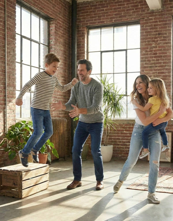 Eine fröhliche Familie spielt gemeinsam in einem großzügigen, lichtdurchfluteten Raum mit Backsteinwänden und Pflanzen und genießt ausgelassene Momente voller Spaß und Verbundenheit.