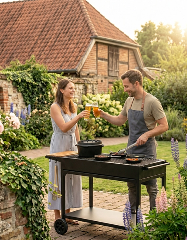 Ein Mann und eine Frau stoßen mit Gläsern an und stehen neben einem Grill in einem Garten mit Blumen, im Hintergrund ein Backsteinhaus.