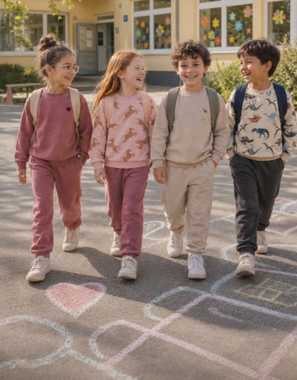 Vier Kinder laufen mit Rucksäcken fröhlich über den Schulhof und tragen bequeme Freizeitoutfits für den Schulalltag.