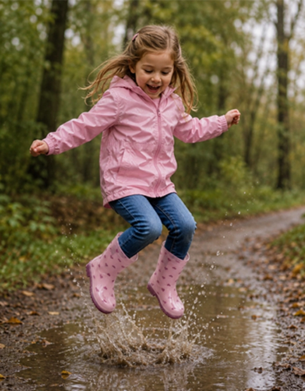 Mädchen in rosa Regenjacke und Gummistiefeln springt bei einem Spaziergang durch eine Pfütze