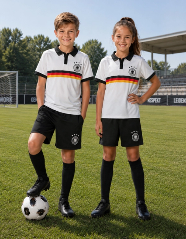Zwei Kinder in deutschen Fußballtrikots posieren auf einem Fußballfeld, eines hat den Fuß auf einem Fußball.