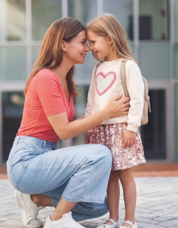 Eine Mutter verabschiedet ihre Tochter vor der Schule mit einer liebevollen Umarmung. Das Mädchen trägt einen Rucksack und freut sich auf den Schultag.