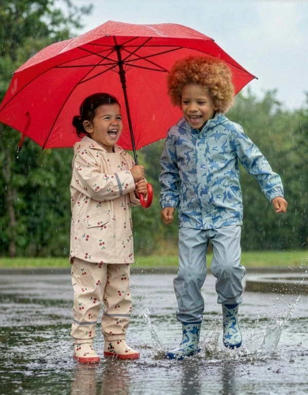 Zwei Kinder spielen im Regen, planschen in Pfützen und teilen sich einen knallroten Regenschirm, umgeben von viel Grün.