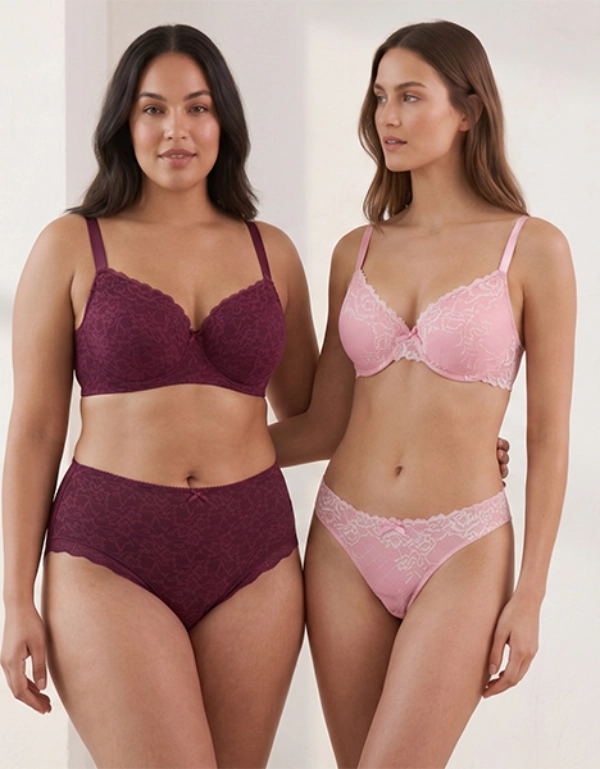 Damenwäsche mit Spitzen-BHs und Slips in Rosa und Bordeaux für verschiedene Passformen und Größen