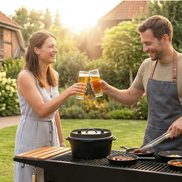 Ein Mann und eine Frau stoßen mit Gläsern an und stehen neben einem Grill in einem Garten mit Blumen, im Hintergrund ein Backsteinhaus.