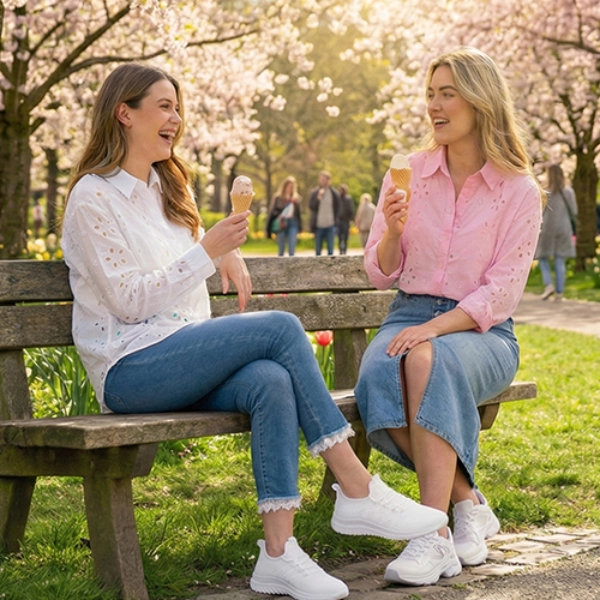 Zwei Frauen sitzen auf einer Bank und genießen Eis unter blühenden Kirschbäumen, während bunte Blumen den Weg in einem sonnigen Park säumen.