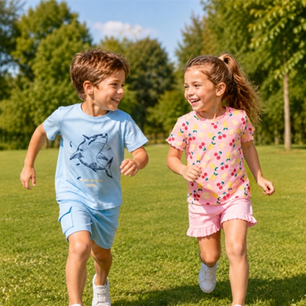Kinder in sommerlichen Outfits mit T-Shirts und Shorts laufen gemeinsam über eine sonnige Wiese