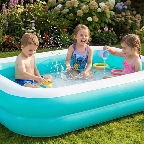Drei Kinder spielen in einem kleinen aufblasbaren Pool auf einer Wiese, daneben liegen Spielzeuge, ein Strandtuch und ein Ball in einem sonnigen Garten.