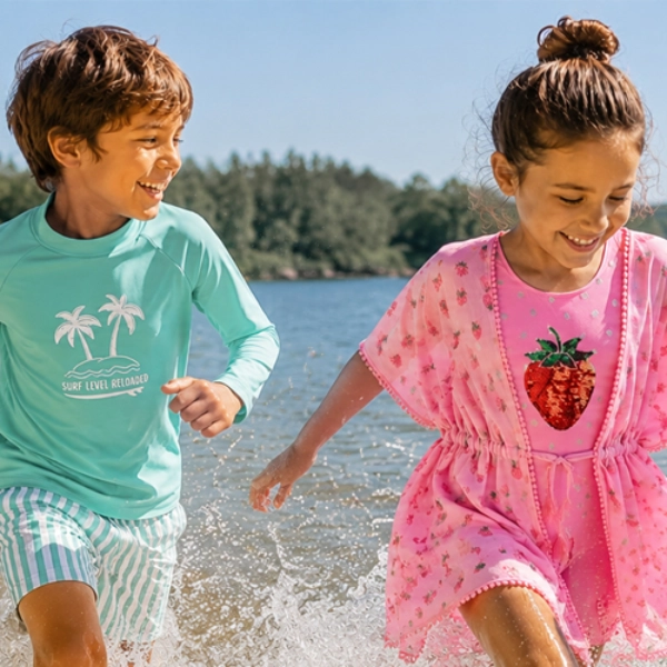 Zwei Kinder laufen lachend am Ufer eines Sees, das Mädchen trägt ein pinkes Kleid mit Erdbeermotiv, der Junge ein türkisfarbenes Shirt mit Palmenprint.
