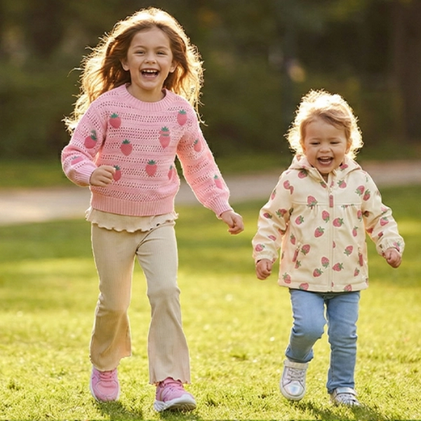 Zwei Kinder laufen fröhlich durch einen sonnendurchfluteten Park, umgeben von grünem Gras und Bäumen, und tragen bunte Pullover und Freizeithosen.