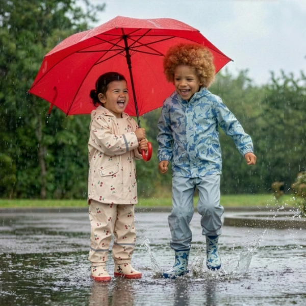 Zwei Kinder spielen im Regen, planschen in Pfützen und teilen sich einen knallroten Regenschirm, umgeben von viel Grün.