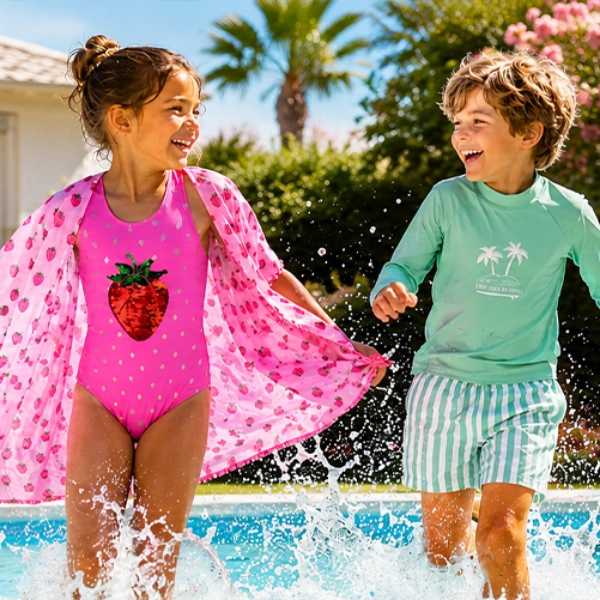 Zwei Kinder laufen am Pool, eines trägt einen pinken Badeanzug mit Erdbeermotiv und ein pinkes Überwurfkleid, das andere ein grünes Langarmshirt mit Palmenmotiv und grün-weiß gestreifte Badeshorts