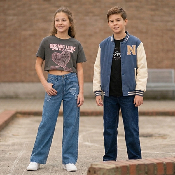 Zwei Kinder tragen lässige Freizeitmode mit Jeans und Oberteilen im urbanen Umfeld – bequeme und trendige Outfits für Alltag und Schule