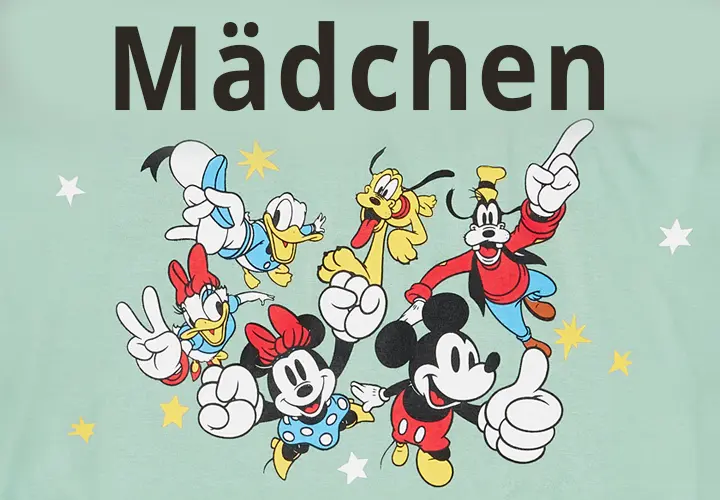 Mädchen Mickey Mouse, Minnie Mouse, Goofy, Pluto , Daisy und Donald Duck stehen zusammen und zeigen verschiedene Haandzeichen, wie Daumen hoch oder peace.