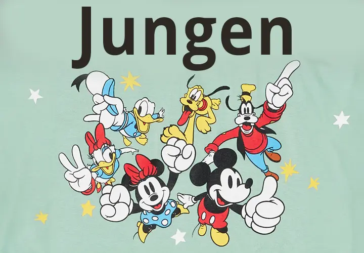 Jungen Mickey Mouse, Minnie Mouse, Goofy, Pluto , Daisy und Donald Duck stehen zusammen und zeigen verschiedene Haandzeichen, wie Daumen hoch oder peace.