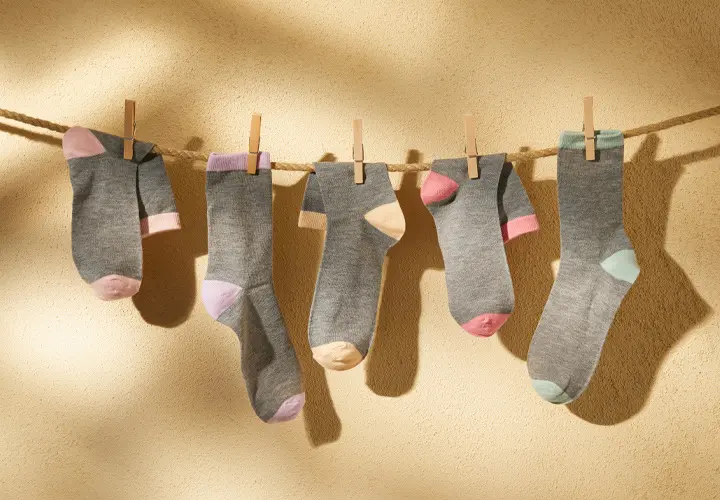 Fünf Paar graue Socken mit pastellfarbenen Zehen hängen an einer Wäscheleine vor einer sanft gelben Wand, beleuchtet von warmem Licht.