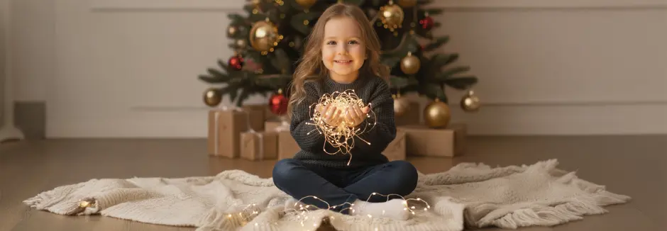 Ein Kind sitzt mit gekreuzten Beinen auf einer kuscheligen Decke und hält ein Gewirr aus Lichterketten in der Hand, im Hintergrund steht ein geschmückter Weihnachtsbaum.
