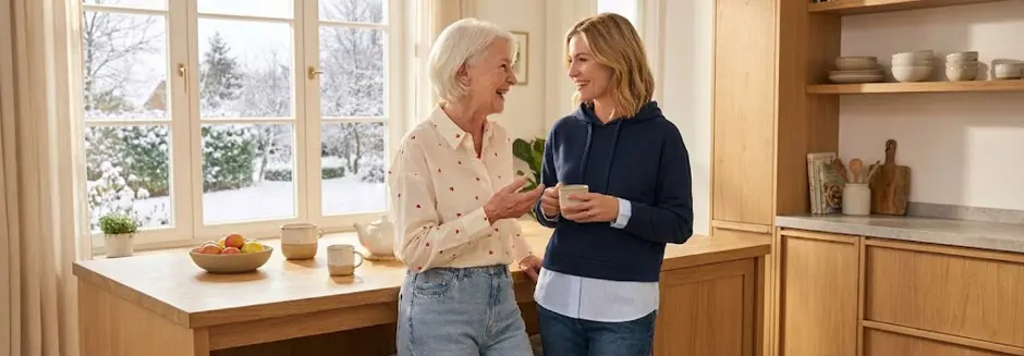 Zwei Frauen unterhalten sich in einer gemütlichen Küche, halten Tassen in den Händen und genießen den winterlichen Ausblick durch das Fenster, während auf dem Tisch eine Schale mit Obst steht.