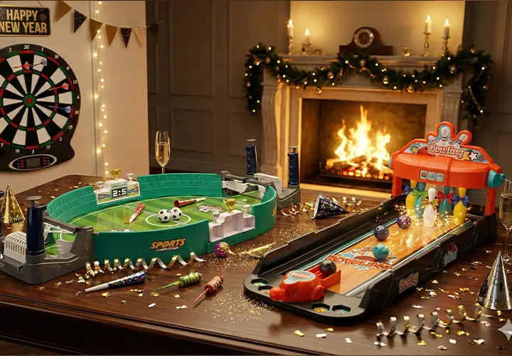 Eine gemütliche Neujahrsfeier-Szene mit Tischspielen, darunter ein Fußballfeld und eine Bowlingbahn, in der Nähe eines flimmernden Kamins.