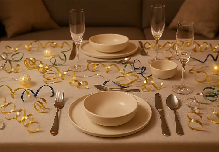 Ein festlich gedeckter Esstisch mit cremefarbenen Tellern, silbernem Besteck und gerippten Gläsern. Der Tisch ist mit bunten Luftschlangen und dekorativen Kugeln geschmückt.