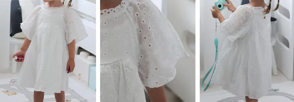 3 Bilder, die ein Mädchen in einem weißen Kleid in verschiedenen Perspektiven zeigt