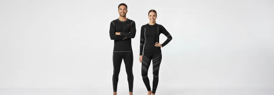 Ein Mann und eine Frau stehen selbstbewusst in passenden schwarzen Sportanzügen vor einem schlichten weißen Hintergrund und präsentieren elegante Designs und bequeme Passformen.