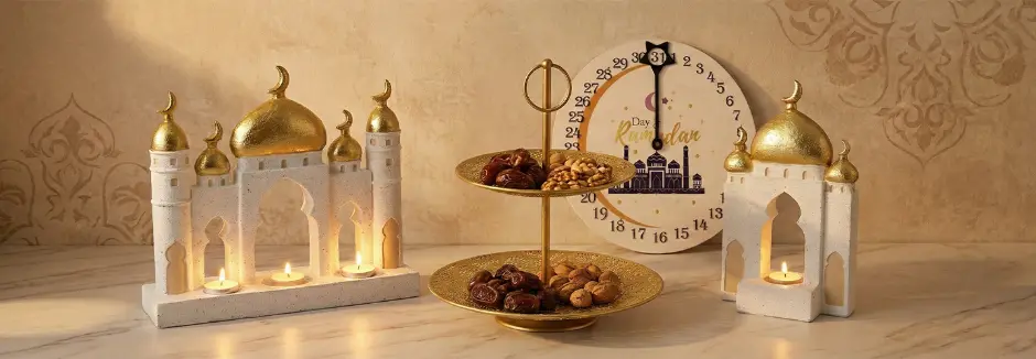 Ramadan-Deko mit goldenen Laternen, Etageren und Datten auf Marmoroberfläche.