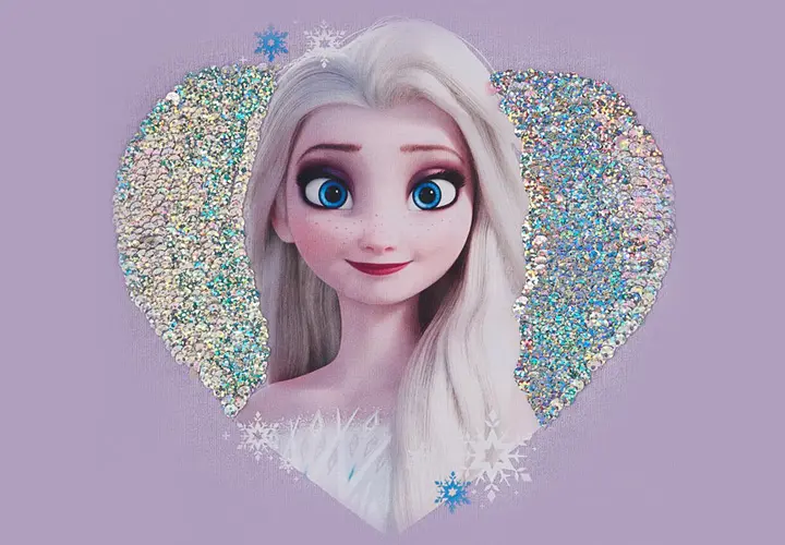 Elsa von Frozen ist in einem glitzerndem Herz auf lilanem Hintergrund zu sehen