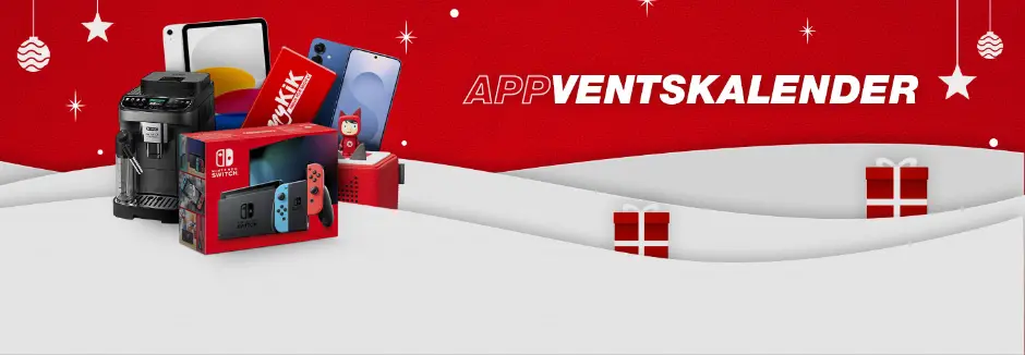 Werbebild mit einer Kaffeemaschine, einer Nintendo Switch, Smartphones und festlichen Dekorationen auf rotem Hintergrund.