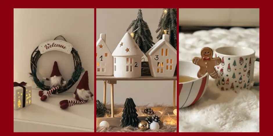 Gemütliche Weihnachtsdekoration mit einem Willkommens-Kranz, charmanten Keramikhäuschen und festlichen Leckereien auf einem flauschigen weißen Teppich. Gemütliche Weihnachtsdekoration mit einem Willkommens-Kranz, charmanten Keramikhäuschen und festlichen Leckereien auf einem flauschigen weißen Teppich.