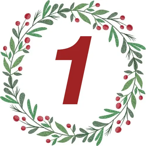 Ein festlicher Kranz aus grünen Blättern und roten Beeren, in dessen Mitte die Zahl Eins prominent dargestellt ist