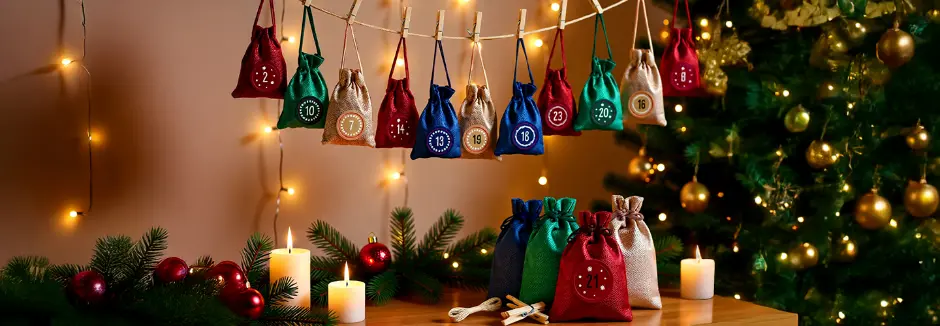 Festliche Adventskalenderbeutel hängen an Lichterketten, mit Kerzen und Dekorationen neben einem schön geschmückten Weihnachtsbaum.