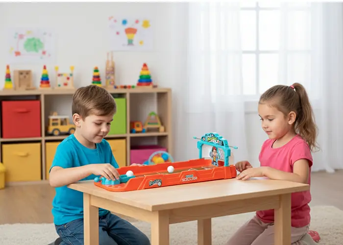 Zwei Kinder spielen ein Tischspiel mit einer Spielzeugbahn und bunten Kugeln in einem hellen, fröhlichen Raum voller Lernspielzeug.
