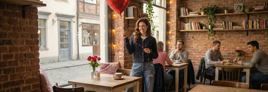 Person hält einen roten herzförmigen Ballon in einem gemütlichen Café mit rustikalem Ambiente.