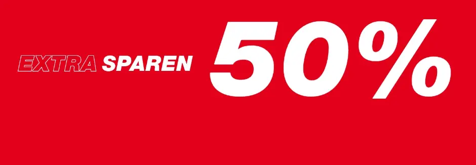roter Bannertitel, der „Extra‑Sparen“ bewirbt, mit einem auffälligen „50 %“-Rabatt Hinweis.