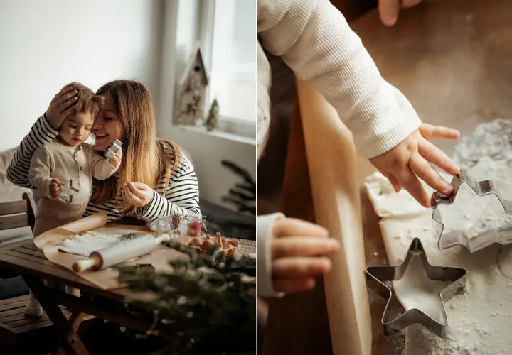 Ein Kind und ein Erwachsener backen gemeinsam an einem Holztisch, stechen mit Ausstechformen Plätzchen aus ausgerolltem Teig – in einer gemütlich dekorierten Küche. Ein Kind und ein Erwachsener backen gemeinsam an einem Holztisch, stechen mit Ausstechformen Plätzchen aus ausgerolltem Teig – in einer gemütlich dekorierten Küche.