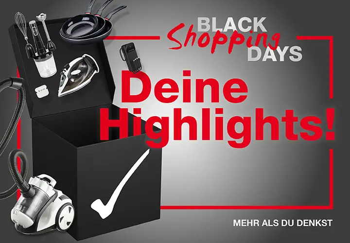 Werbebild für die Black Shopping Days mit einem schwarzen Kasten mit Geräten und einem Text, der Sonderangebote und -aktionen hervorhebt.