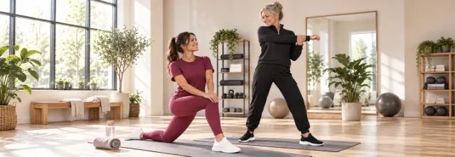 Damen in sportlichen Outfits beim Training im Fitnessstudio
