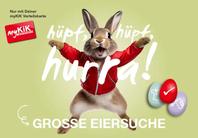 Ein fröhlicher Hase in einer roten Jacke feiert Ostern mit bunten Eiern und bewirbt eine Überraschungsrabatt-Aktion für Inhaber der myKiK-Karte. Ein fröhlicher Hase in einer roten Jacke feiert Ostern mit bunten Eiern und bewirbt eine Überraschungsrabatt-Aktion für Inhaber der myKiK-Karte.