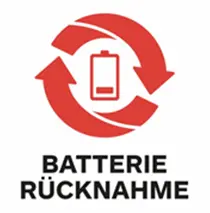 Symbol für Batterierücknahme mit Batterie und Kreispfeilen – Hinweis auf die Rückgabe und das Recycling von Altbatterien