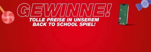 Ein Smartphone mit einer Spieloberfläche, umgeben von Bonbon-Illustrationen, wirbt für einen „Back to School”-Gewinnspiel. Der Text lädt zur Teilnahme ein.