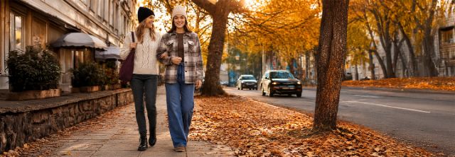 Damen in herbstlichen Strick-Outfits beim Stadtbummel