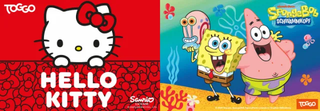 Ein lebhaftes Bild mit Hello Kitty auf rotem Hintergrund und SpongeBob Schwammkopf mit Patrick in einer Unterwasserszene