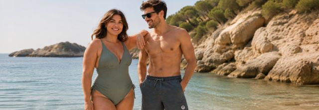 Frau und Mann in moderner Bademode am Strand – sommerliche Looks für entspannte Tage am Meer