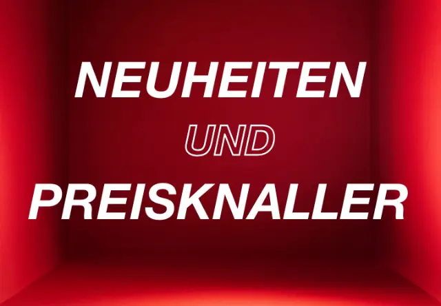 Text auf einem lebendigen roten Hintergrund lautet ‚NEUHEITEN UND PREISKNALLER